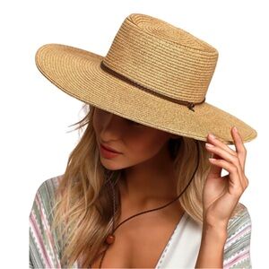 Stylish Tan Wide-Brim Straw Boater Hat
